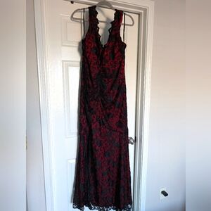 Elegant Black and Red Lace Evening Gown